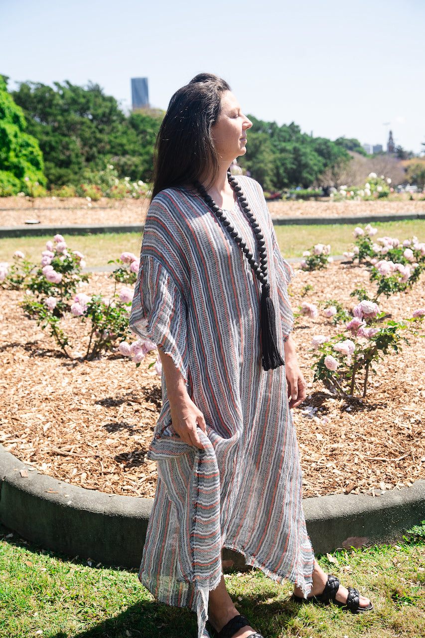Linen Dress Handloom Maxi Made in Italy by Estilo Emporio Kaftan - Stripe