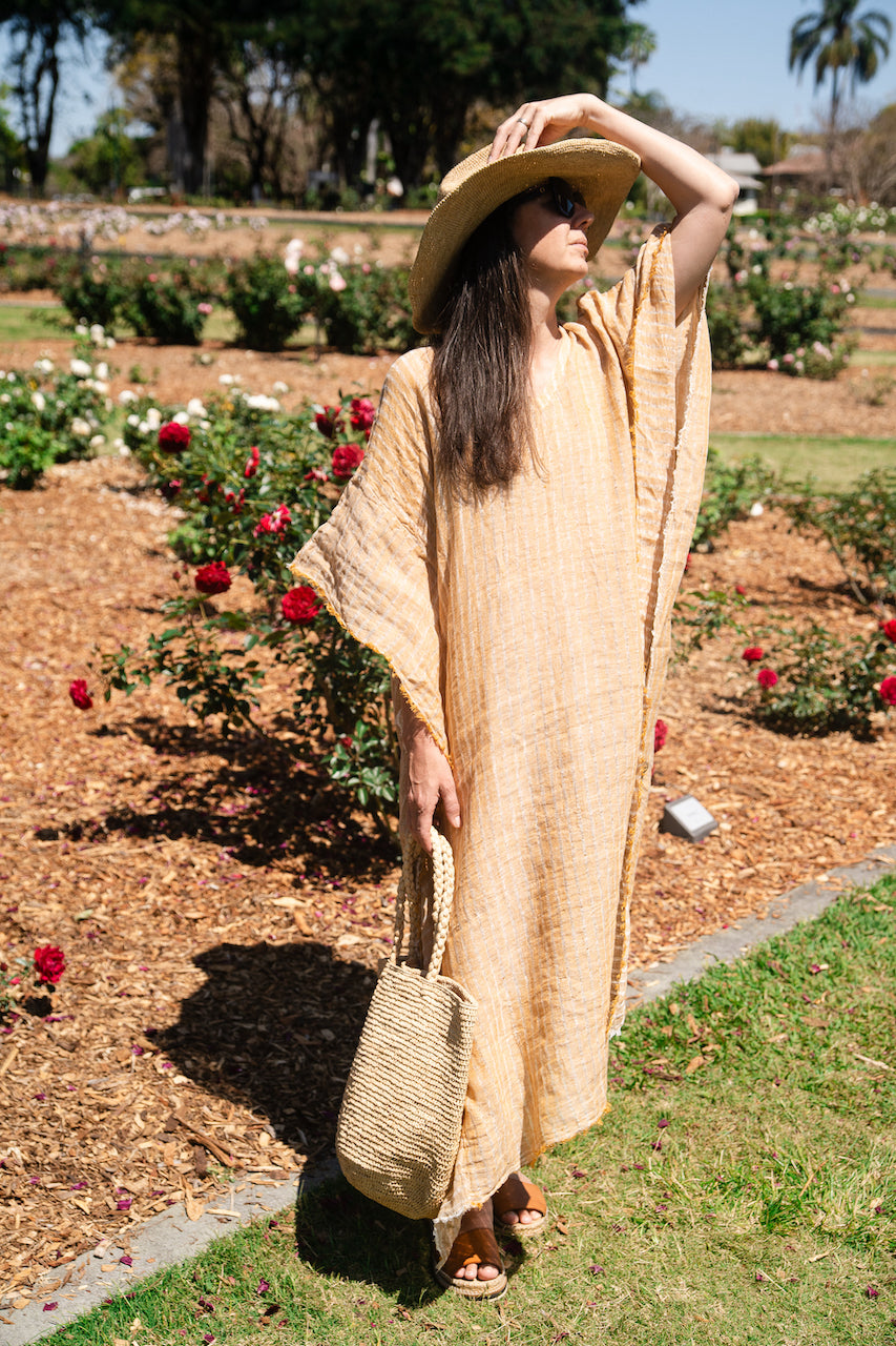 Linen Dress Handloom Maxi Made in Italy by Estilo Emporio Kaftan - Yellow