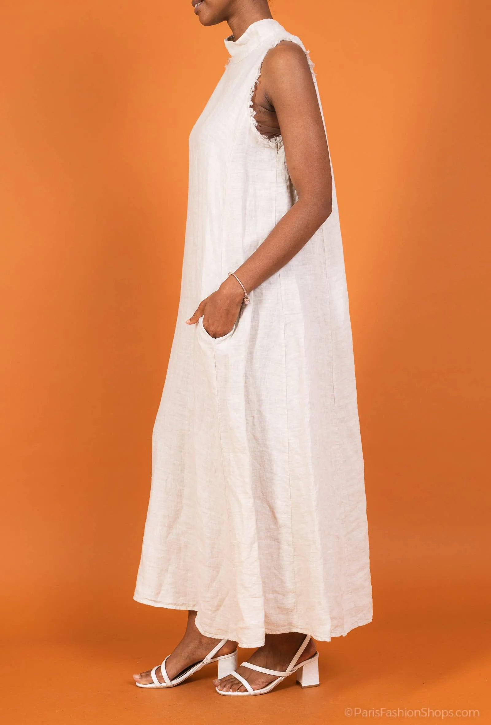 Linen Dress Maxi High Collar Made in Italy - Beige - One size