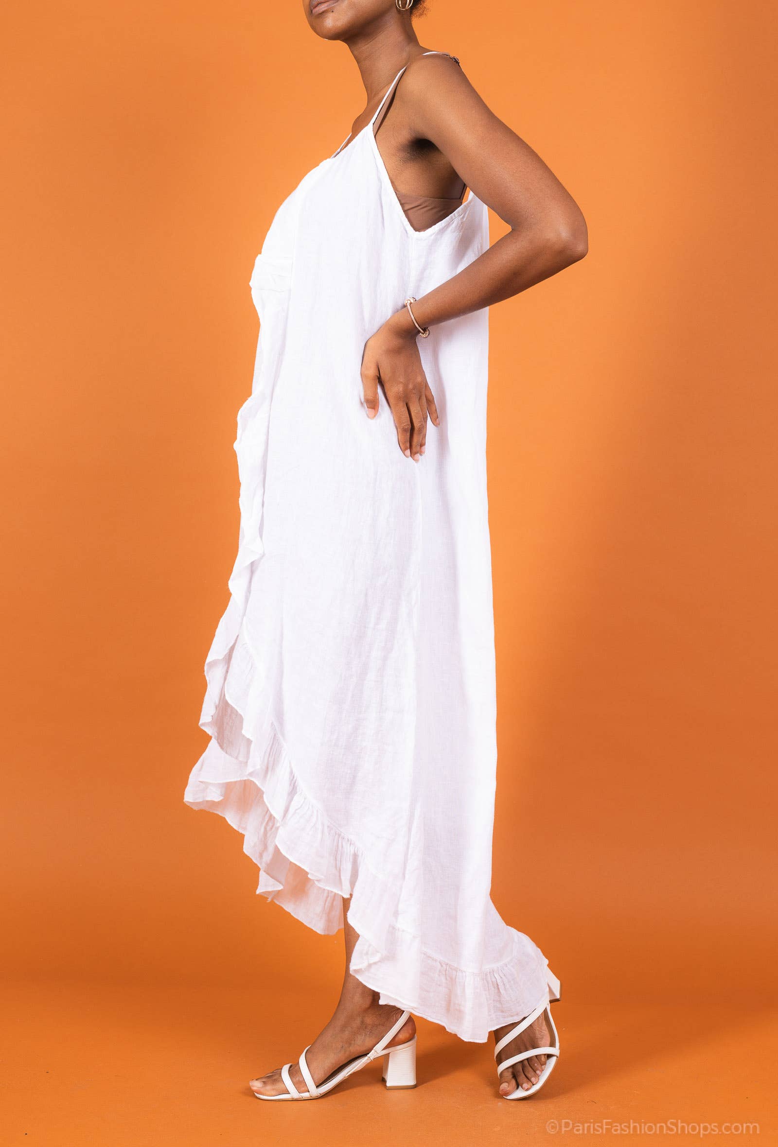 Linen Dress Ruffled Thin Strap Maxi Made in Italy - Taupe - One Size