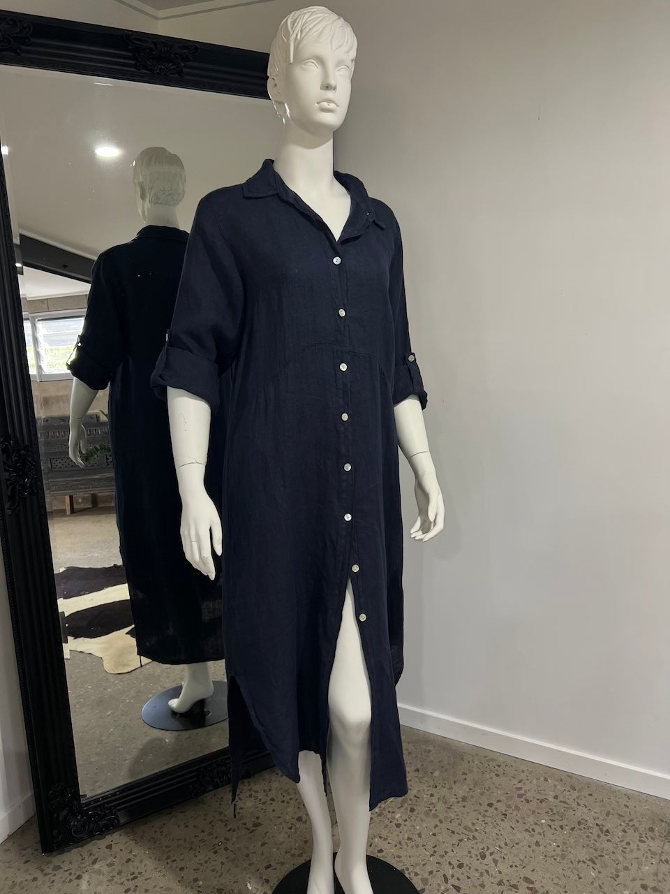 Linen Dress Shirtdress, Button-Up, Maxi Length Made in Italy Navy