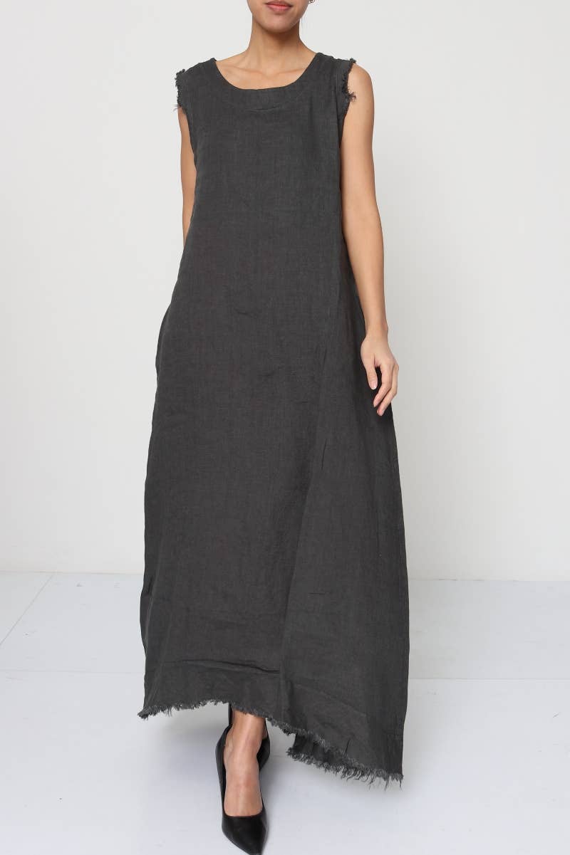 Linen Dress Sleeveless Raw Edge, Maxi Made in Italy Black