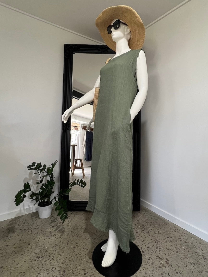 Linen Dress Sleeveless Raw Edge, Maxi Made in Italy Khaki