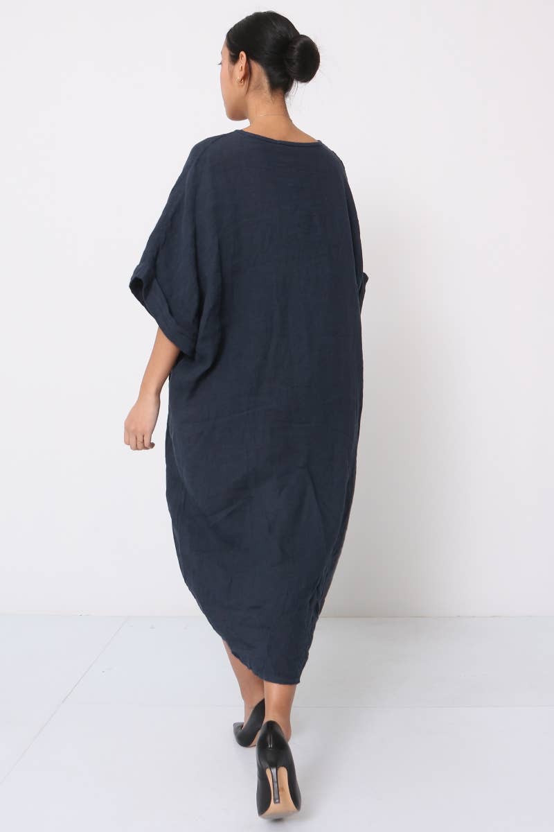 Linen Dress V-neck Knot Front Midi Made in Italy Navy