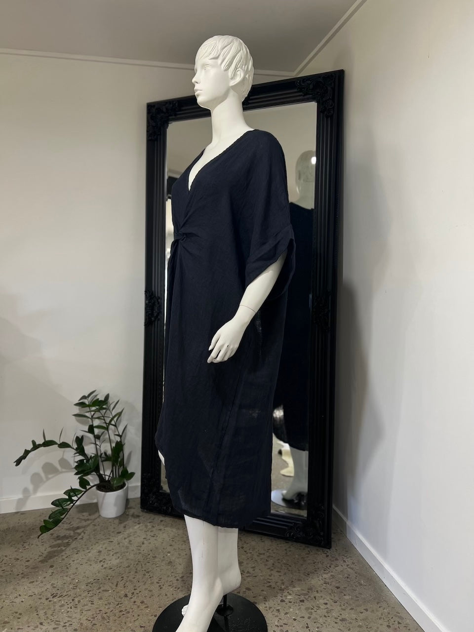 Linen Dress V-neck Knot Front Midi Made in Italy Navy
