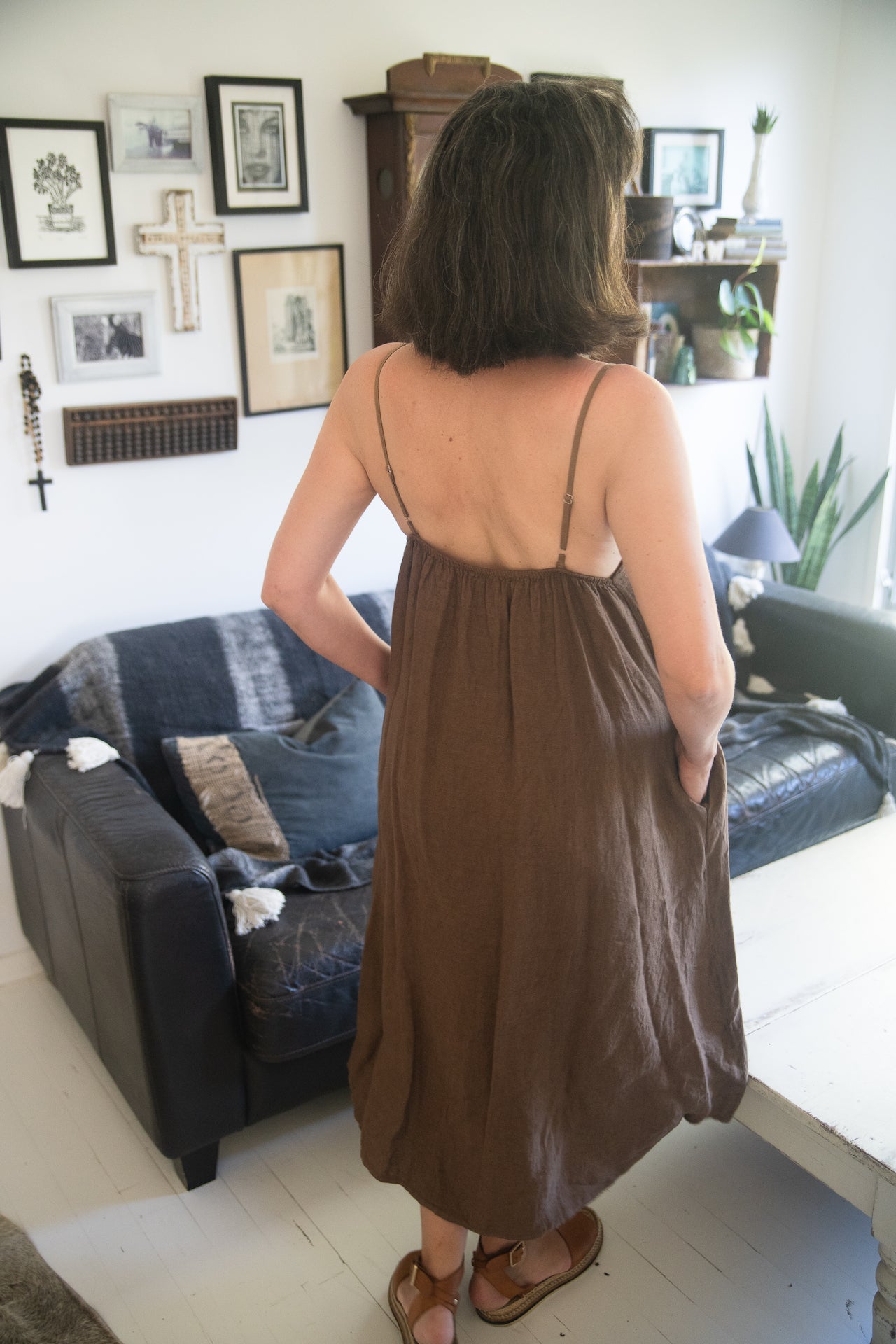 Linen Slip Dress Midi Made in Italy Brown