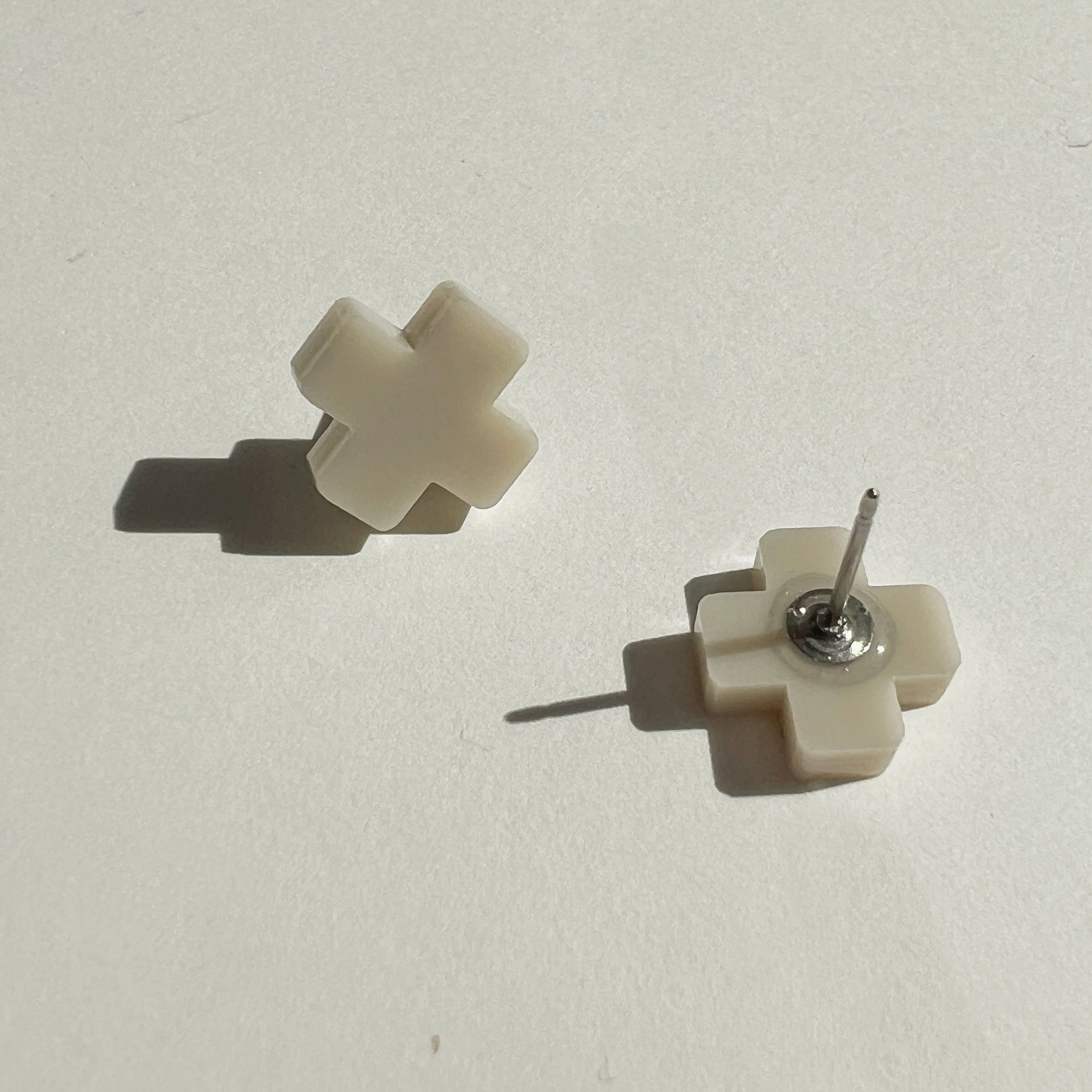 Mingled Beige Cross Stud Earrings - Small Cross Earrings, Minimalist