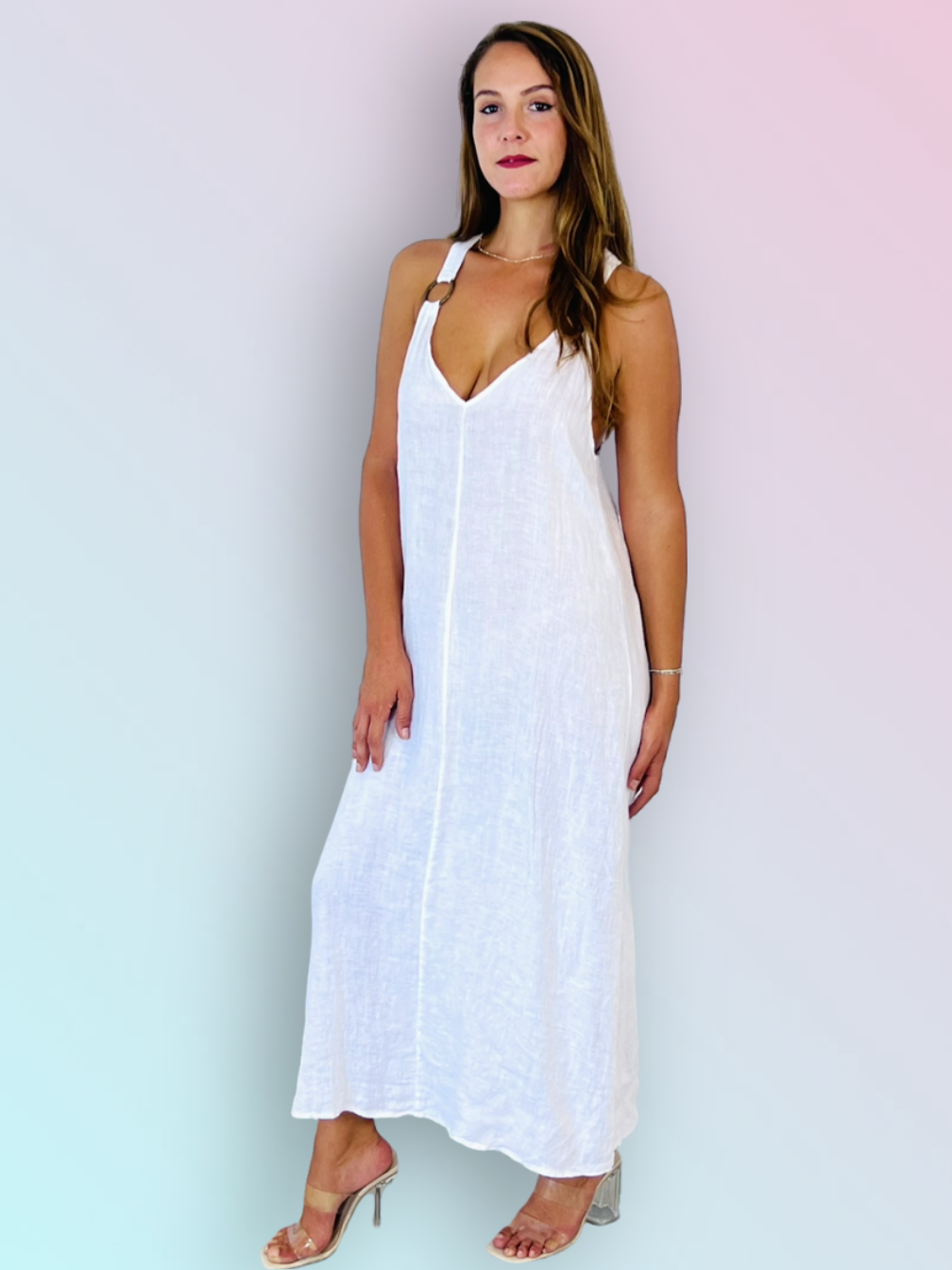 Italian Linen Maxi Dress with Embellished Straps | White