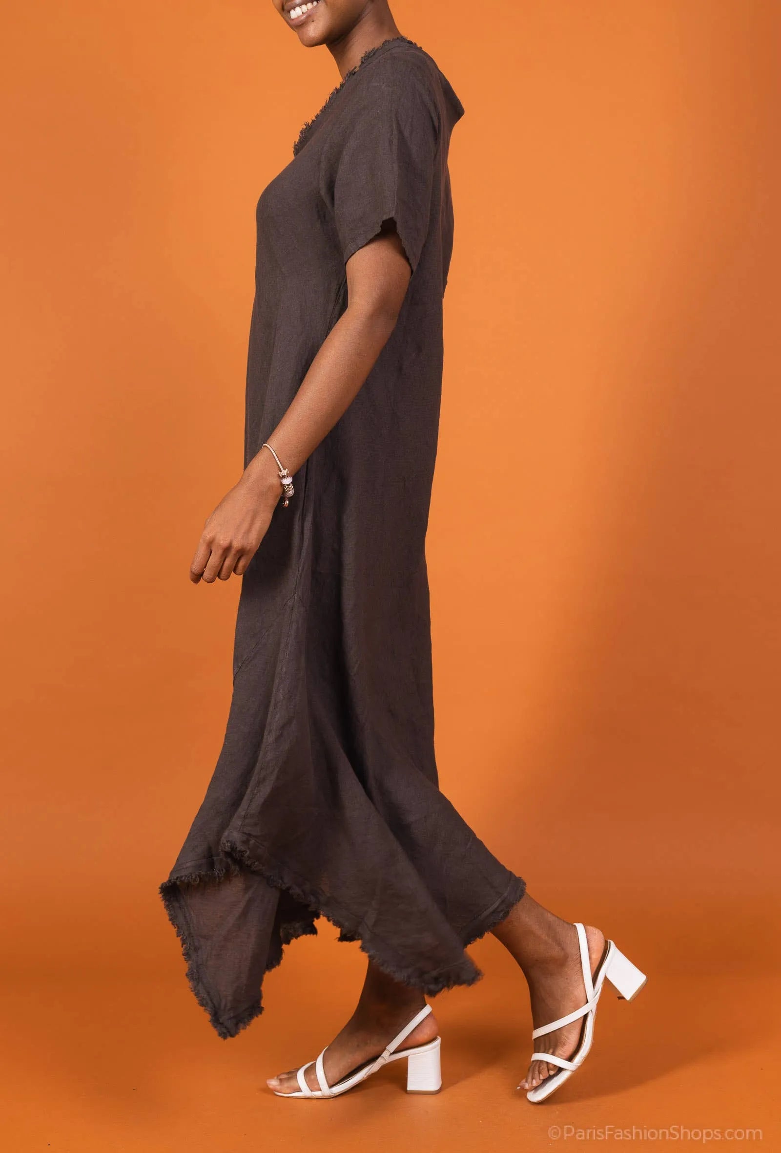 Linen Dress Maxi Bias Cut Made in Italy - Brown - One size