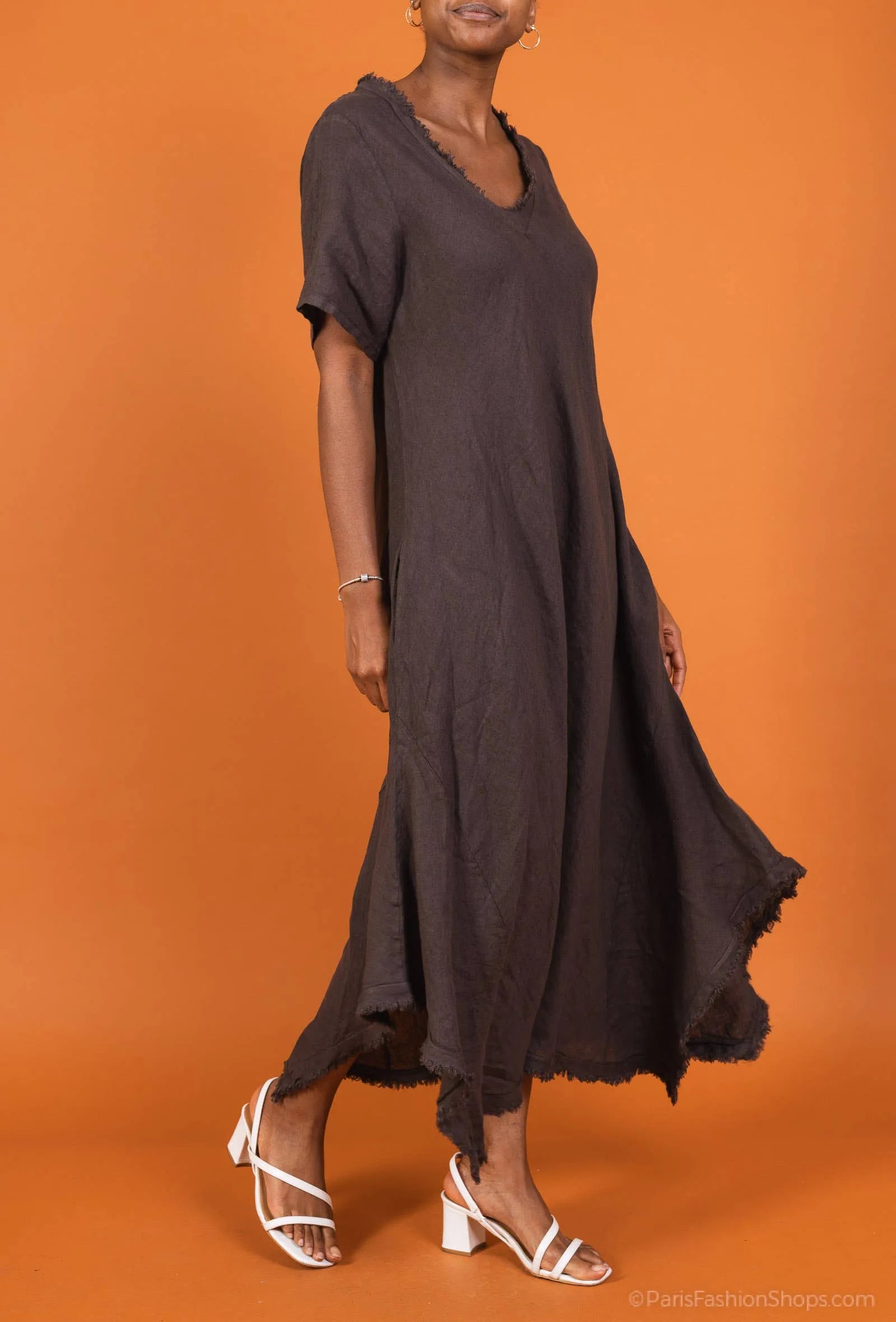 Linen Dress Maxi Bias Cut Made in Italy - Brown - One size