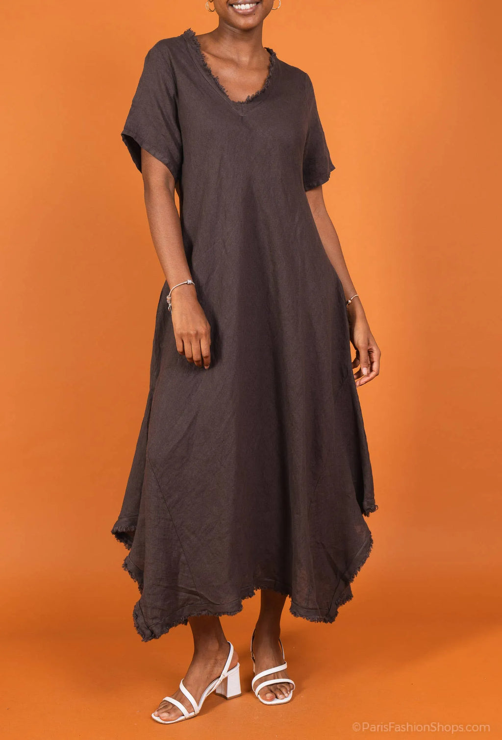 Linen Dress Maxi Bias Cut Made in Italy - Khaki - One size