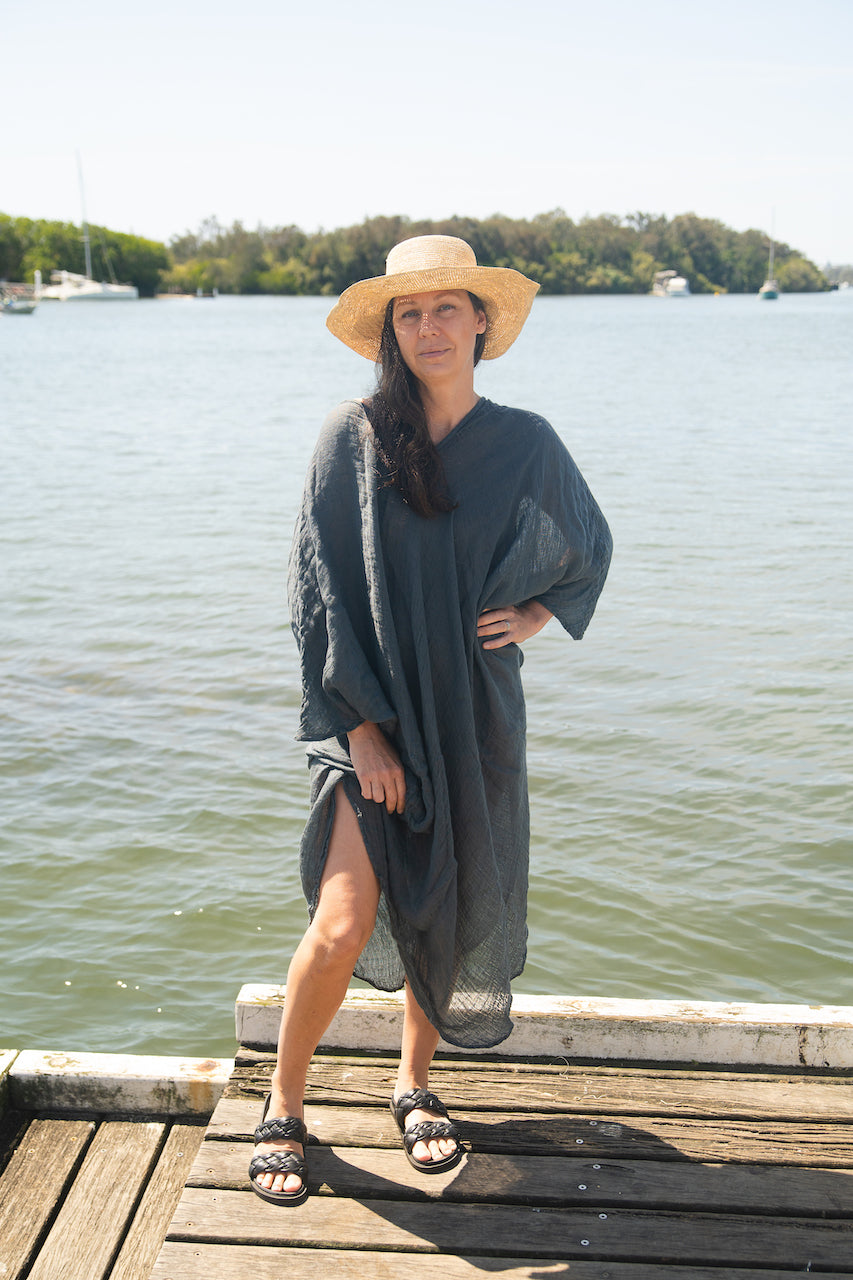 Woman wearing Linen Dress Handloom Maxi by La Bottega di Brunella Made in Italy Blue - My Linen Dress