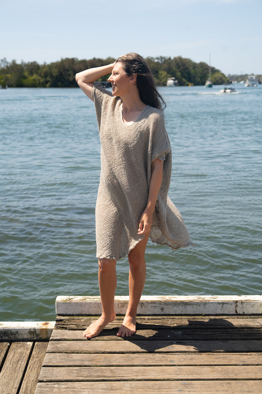 Woman wearing Linen Dress Handloom Midi Italian by La Bottega di Brunella Natural - My Linen Dress