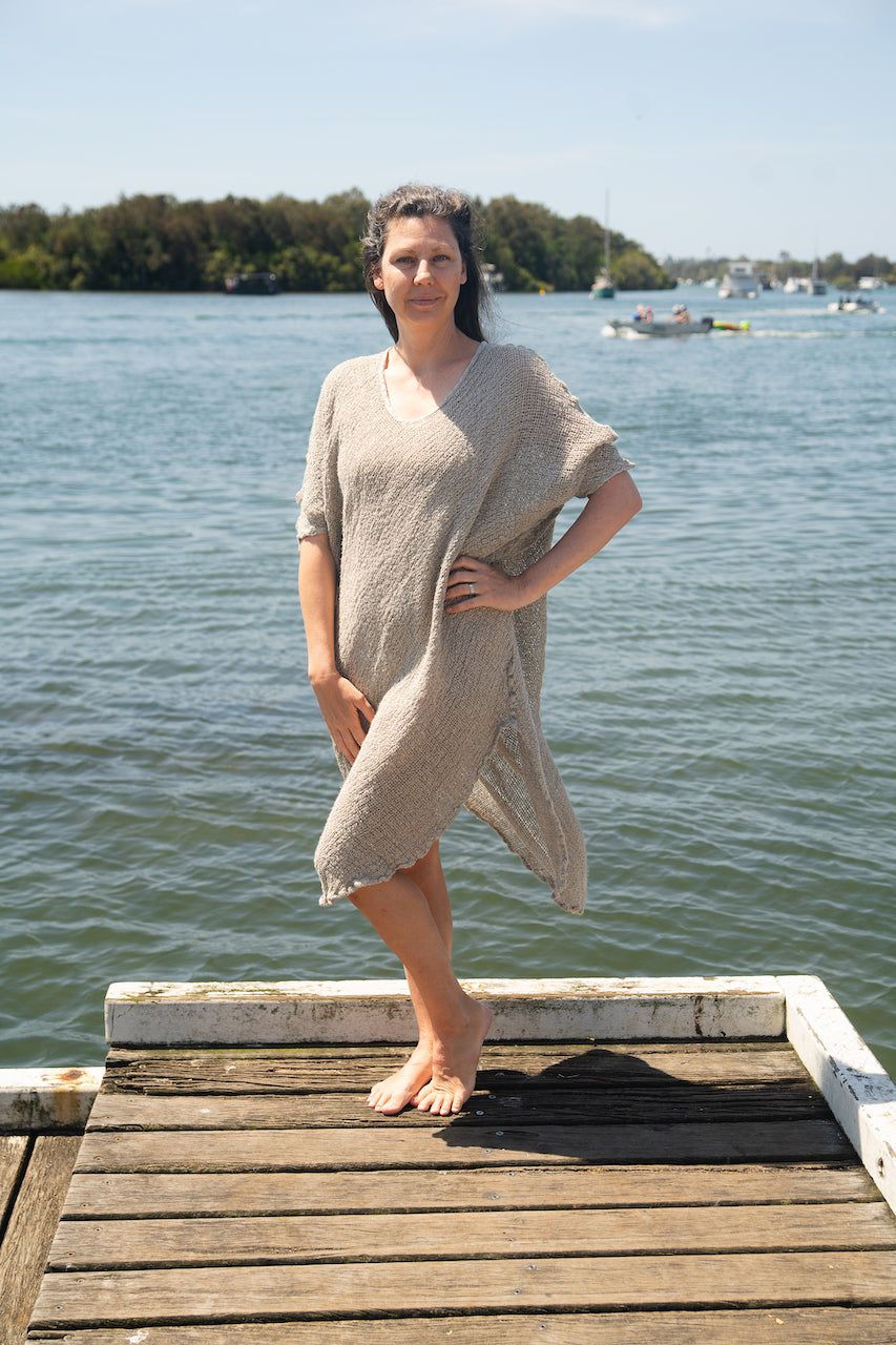 Woman wearing Linen Dress Handloom Midi Italian by La Bottega di Brunella Natural - My Linen Dress