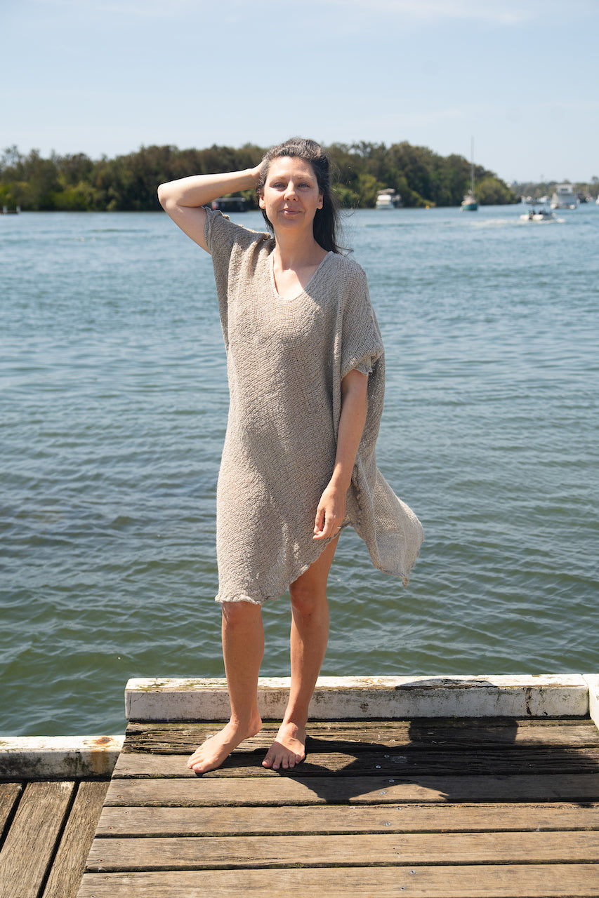 Woman wearing Linen Dress Handloom Midi Italian by La Bottega di Brunella Natural - My Linen Dress