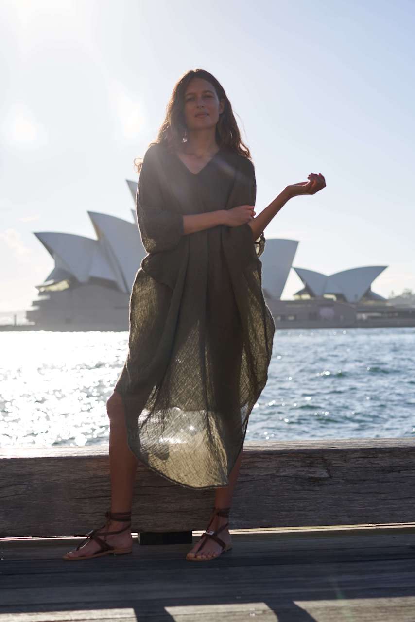 Linen Dress Handloom by Italian La Bottega di Brunella Green