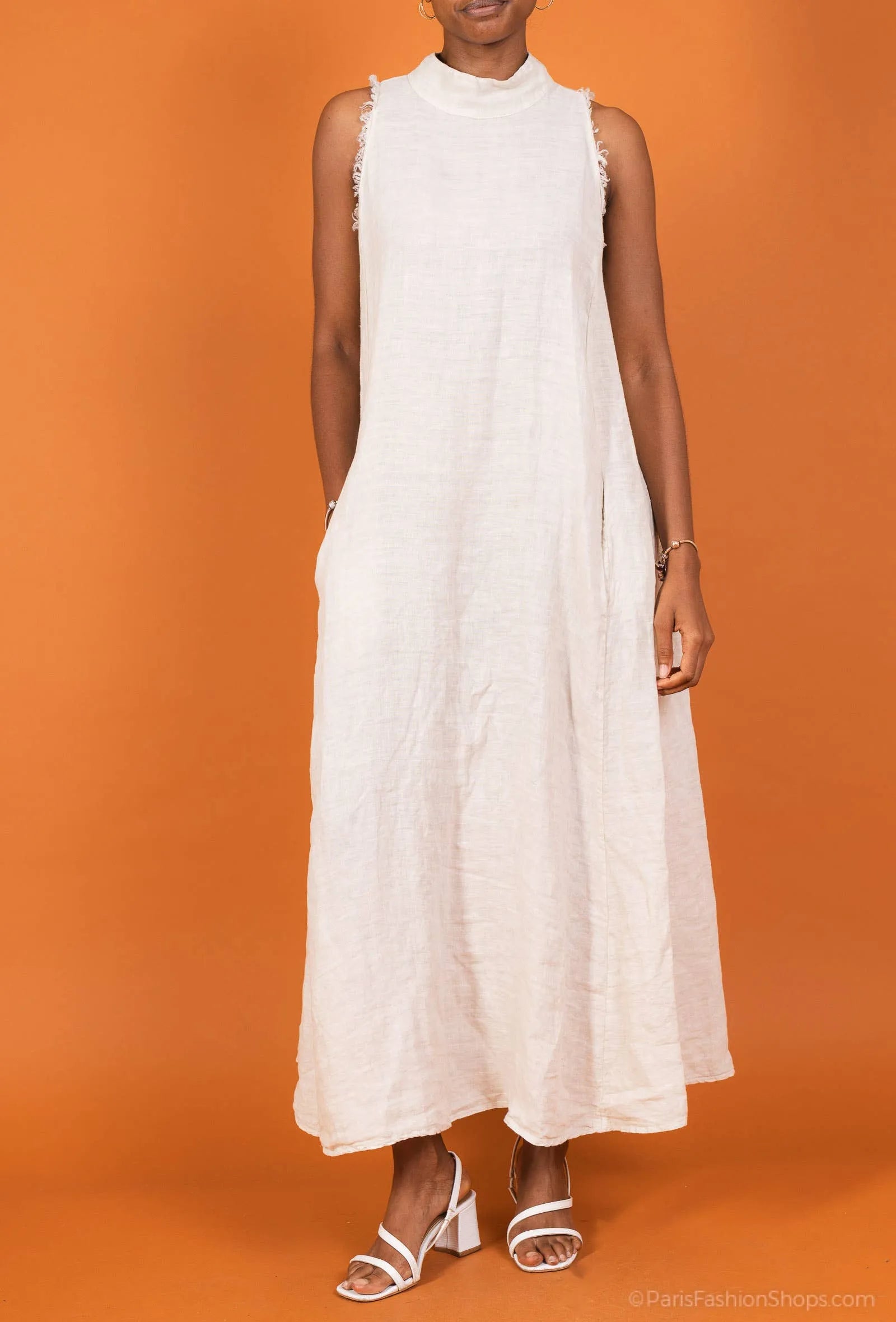 Linen Dress High Collar Maxi Made in Italy - Beige - One size