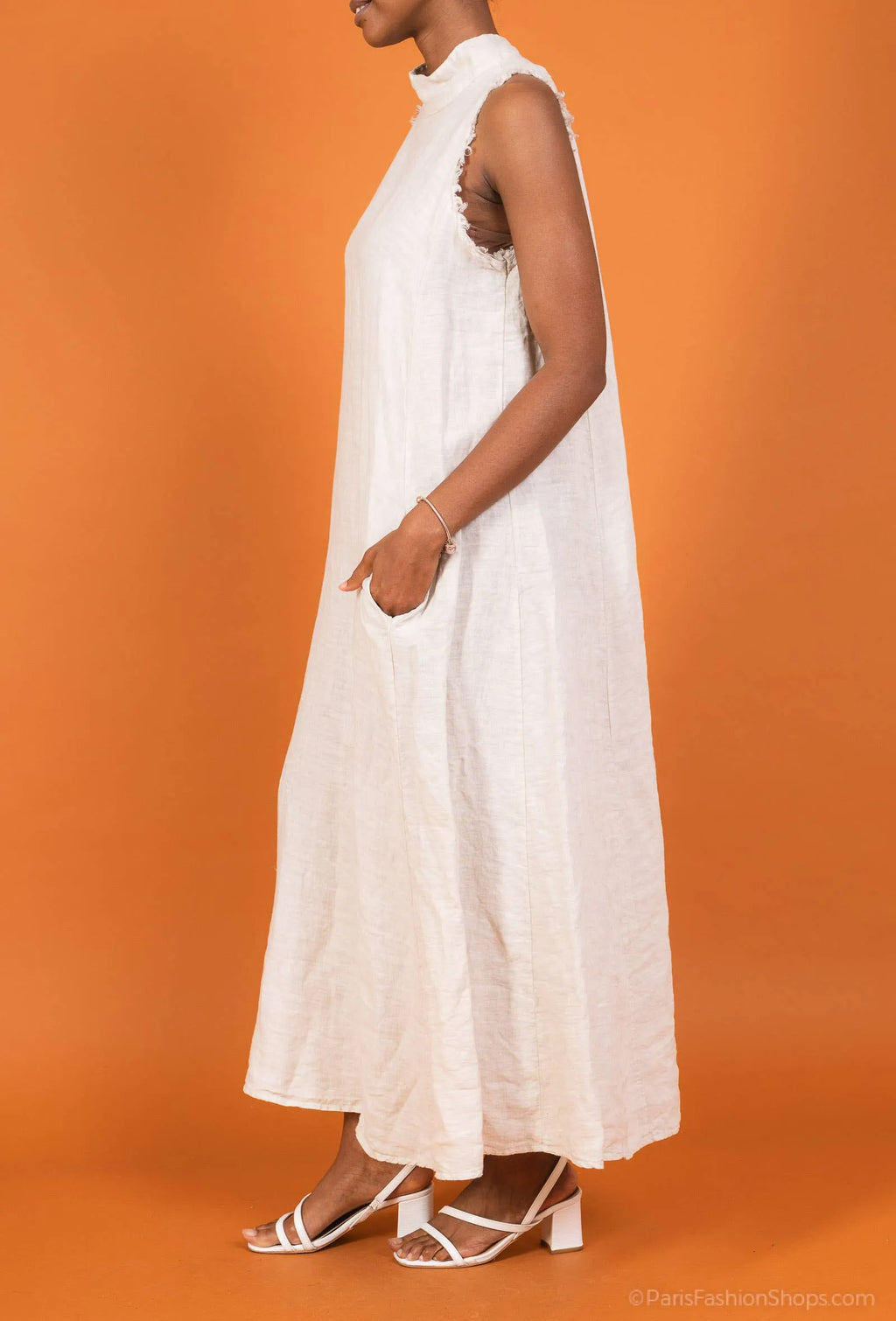 Linen Dress Maxi High Collar Made in Italy - Beige - One size