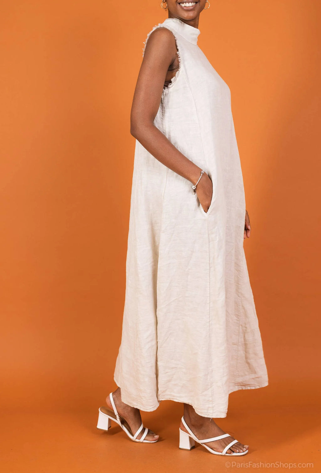 Linen Dress Maxi High Collar Made in Italy - Beige - One size