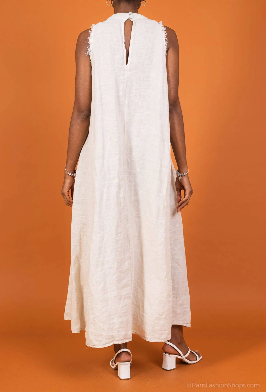 Linen Dress Maxi High Collar Made in Italy - Beige - One size