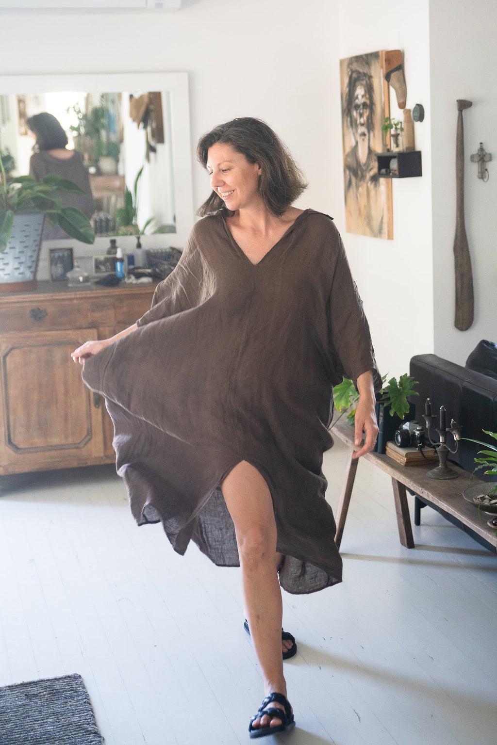 Linen Dress Oversize Maxi Kaftan Made in Italy Chocolate