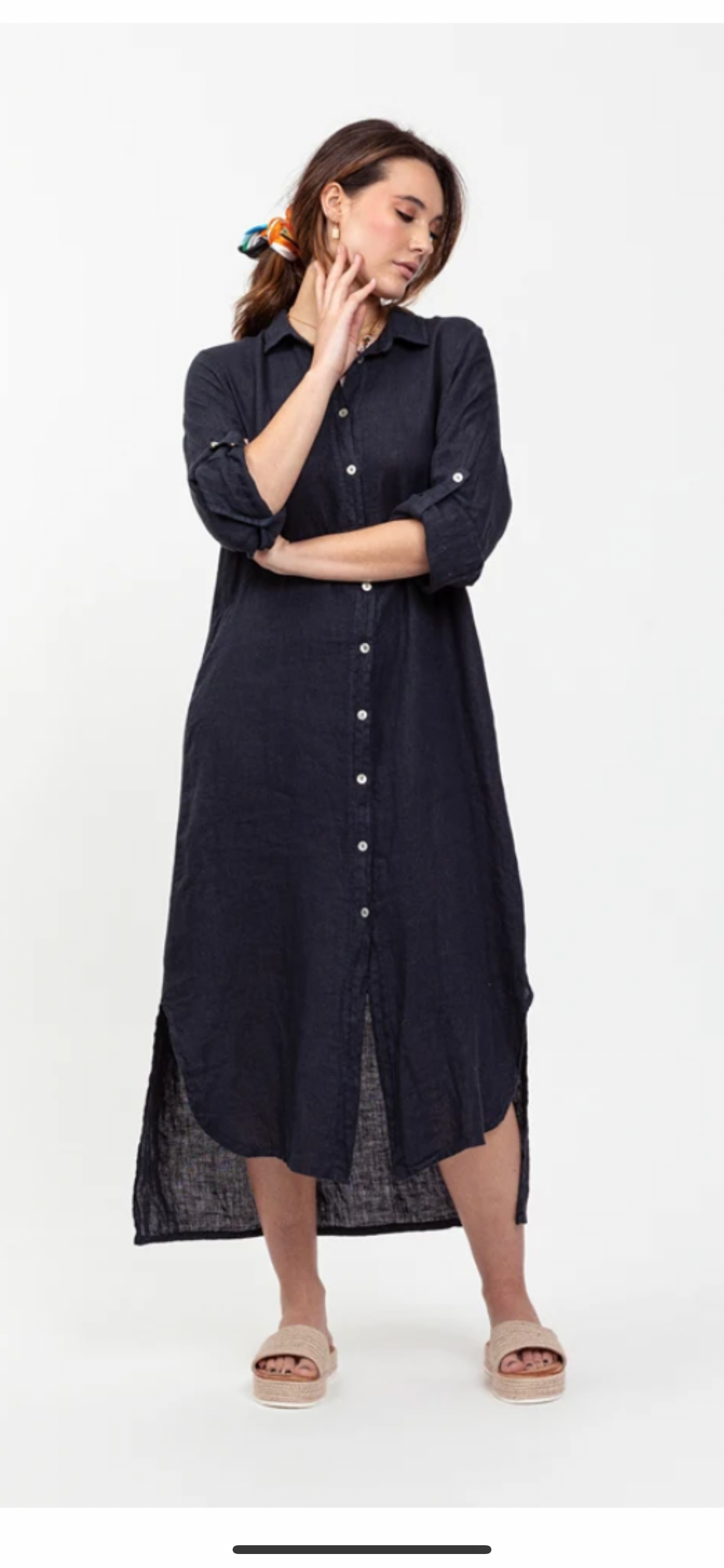 Linen Dress Shirtdress, Button-Up, Maxi Length Made in Italy Navy