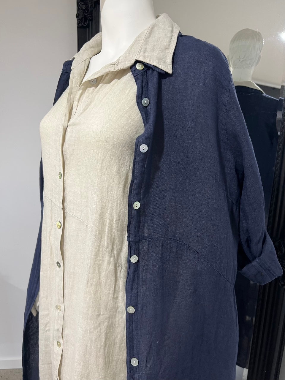Linen Dress Shirtdress, Button-Up, Maxi Length Made in Italy Navy