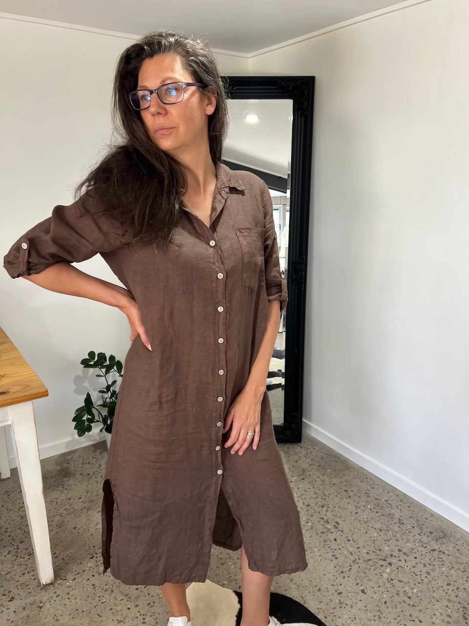 Linen Dress Shirtdress, Button-Up, Maxi Made in Italy Brown