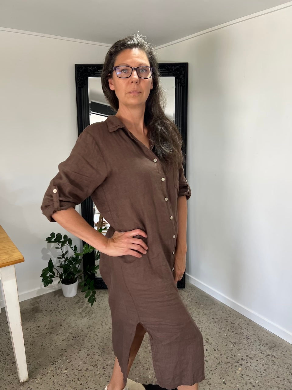 Linen Dress Shirtdress, Button-Up, Maxi Made in Italy Brown