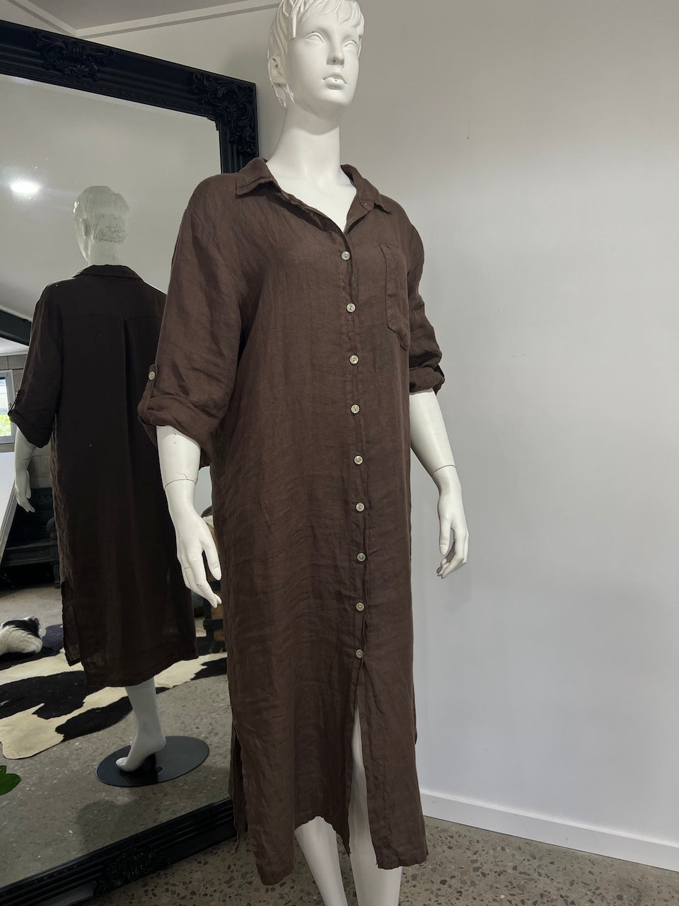 Linen Dress Shirtdress, Button-Up, Maxi Made in Italy Brown