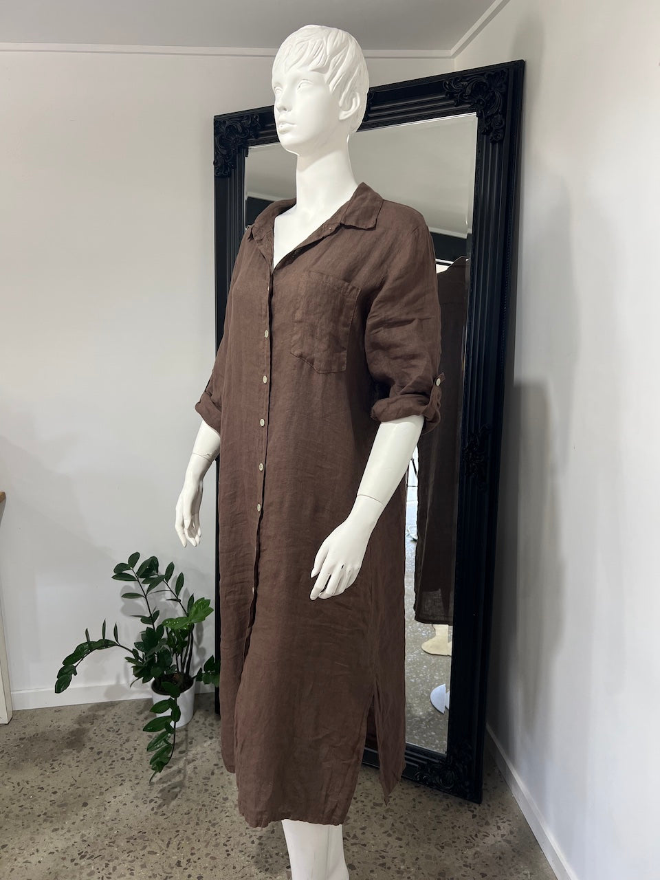 Linen Dress Shirtdress, Button-Up, Maxi Made in Italy Brown