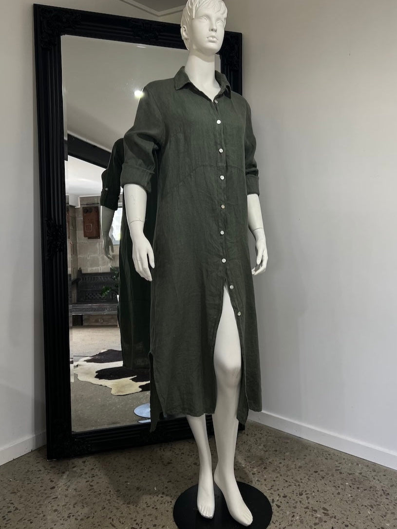 Linen Dress Shirtdress, Button-Up, Maxi Made in Italy Khaki