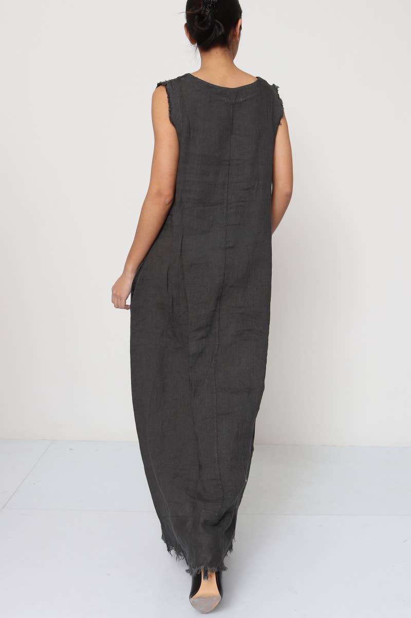 Linen Dress Sleeveless Shirred edge, Maxi Made in Italy Black