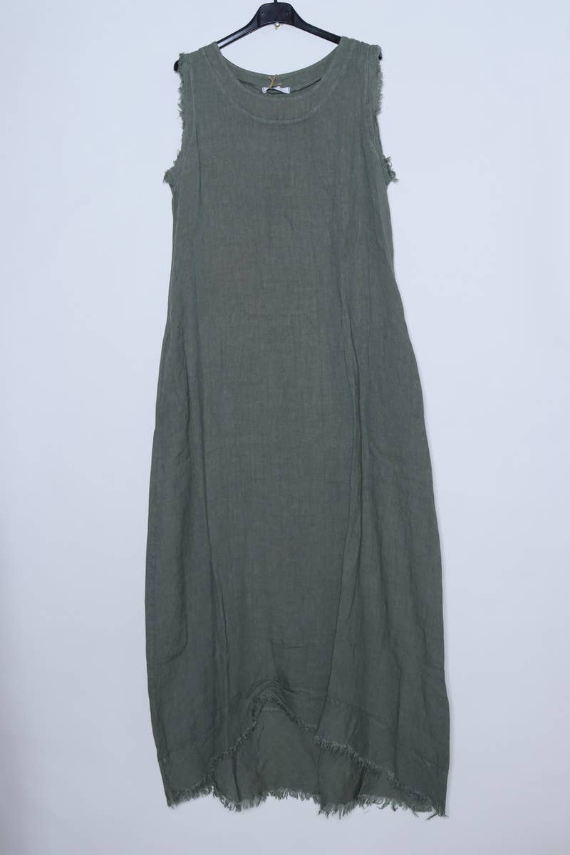 Linen Dress Sleeveless Shirred edge, Maxi Made in Italy Khaki