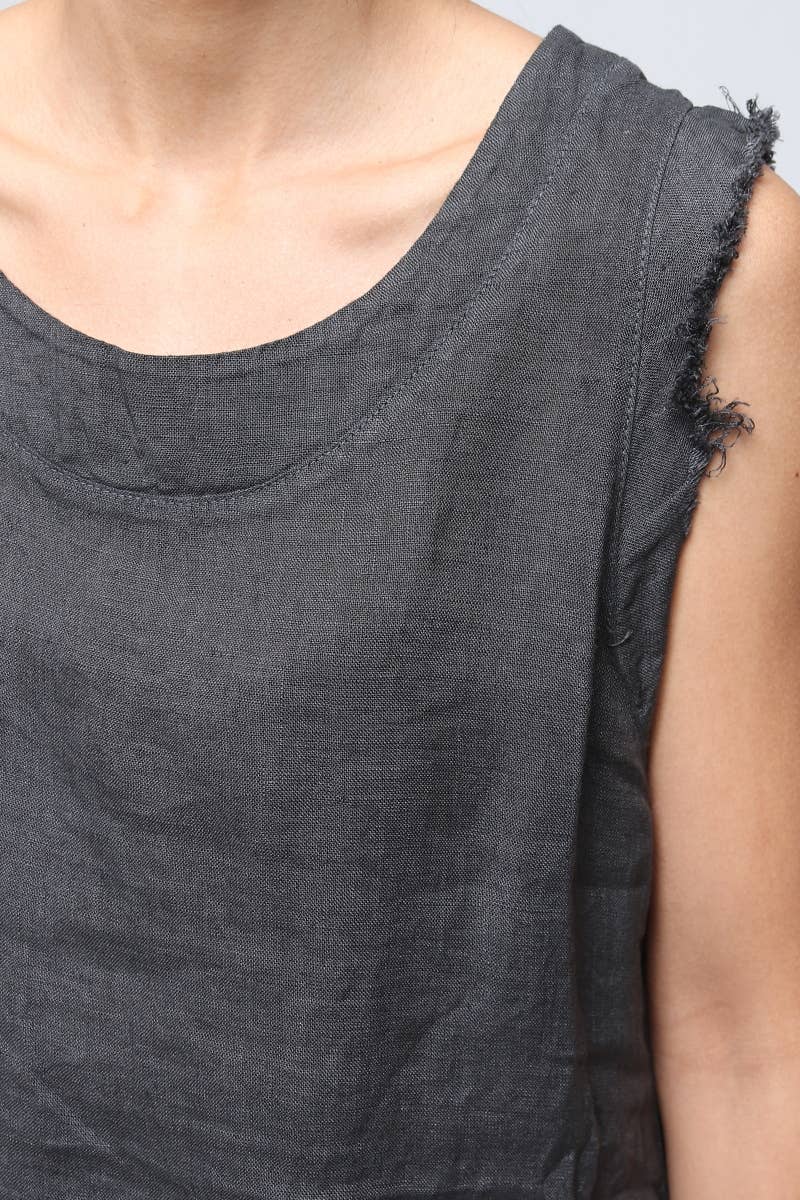 Linen Dress Sleeveless Shirred edge, Maxi Made in Italy Khaki