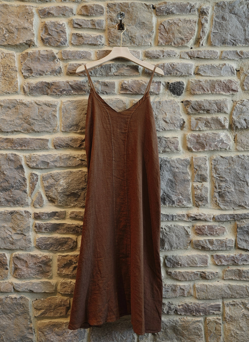 Linen Slip Dress Midi Made in Italy Brown