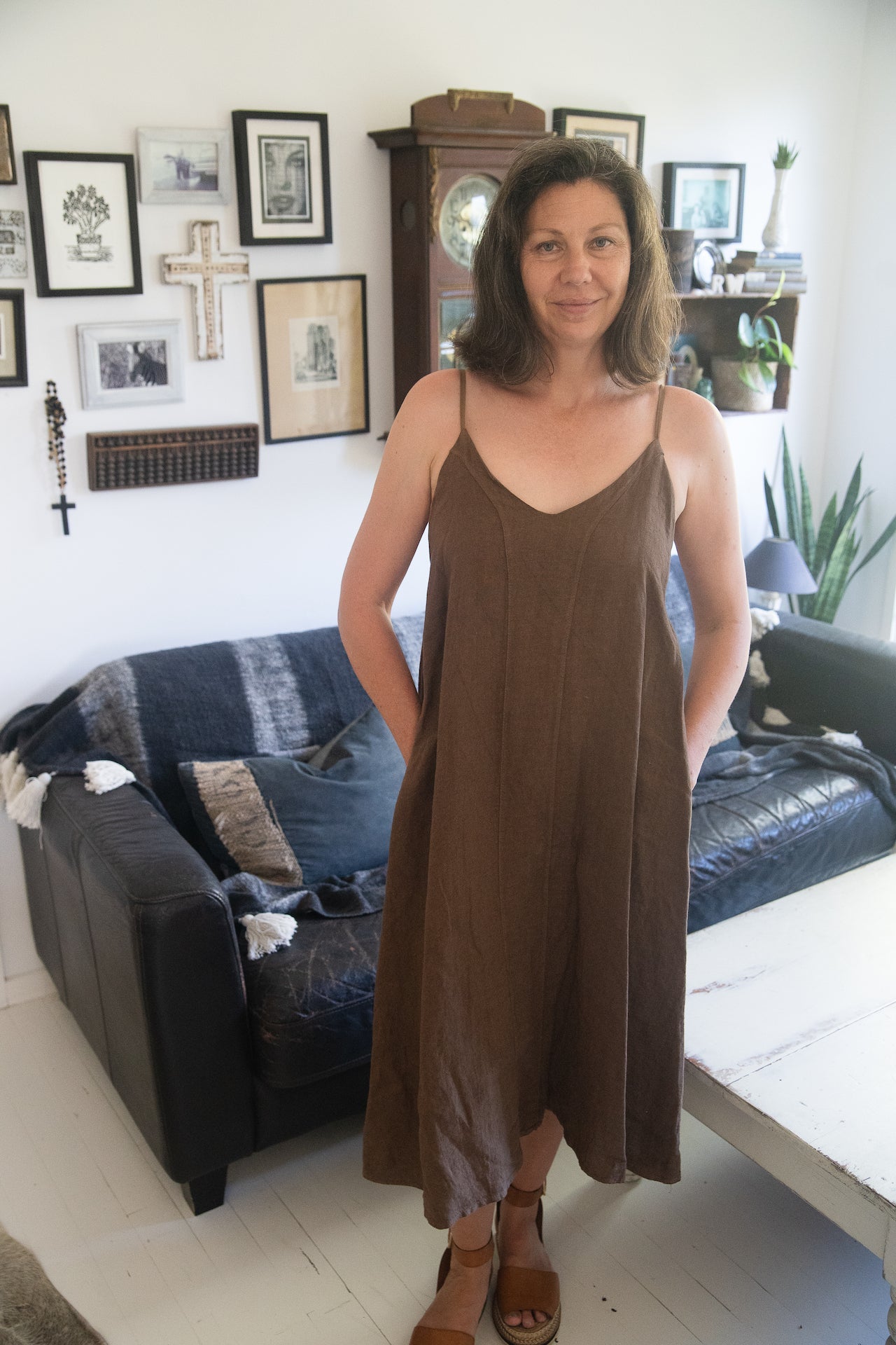 Linen Slip Dress Midi Made in Italy Brown