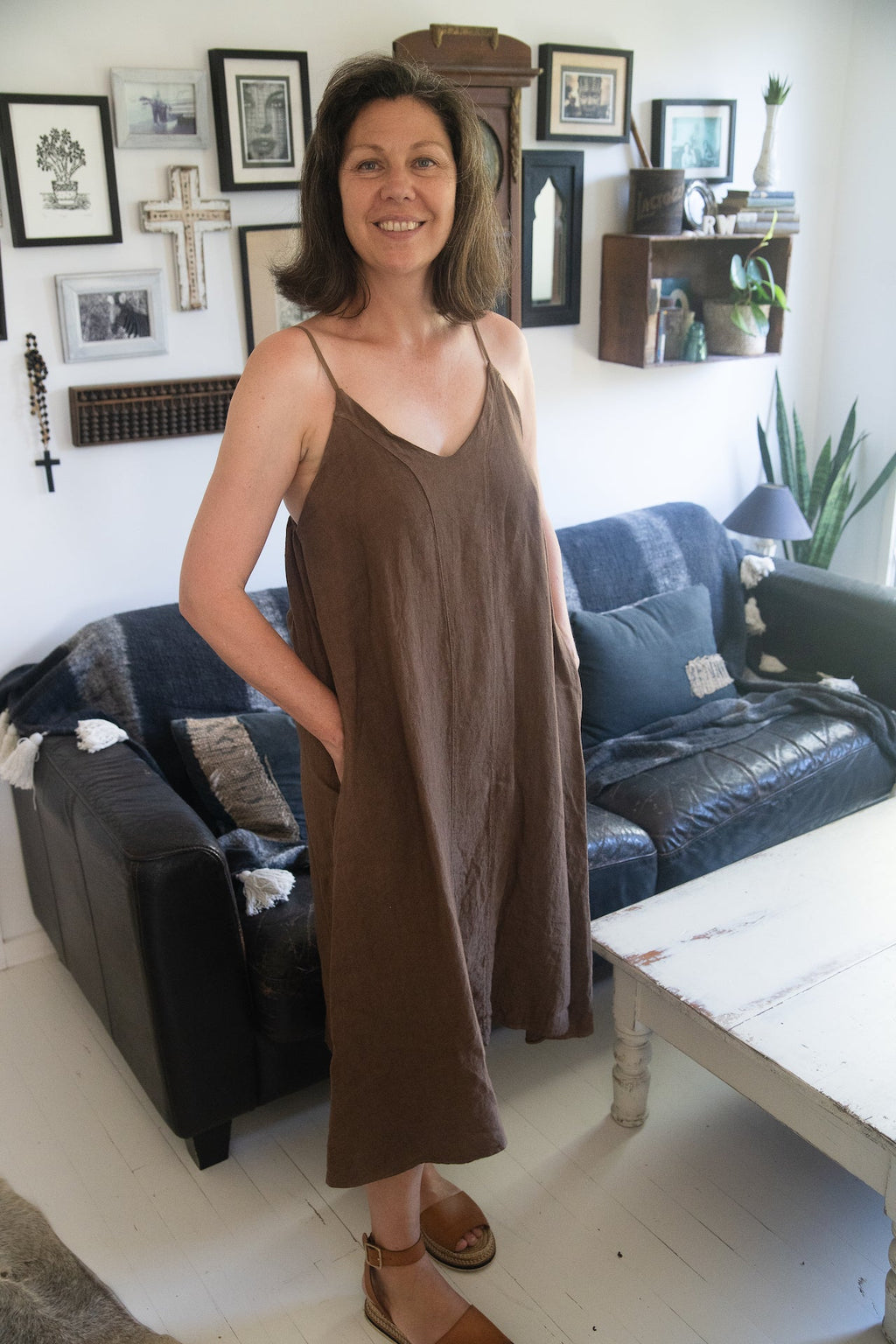 Linen Slip Dress Midi Made in Italy Brown