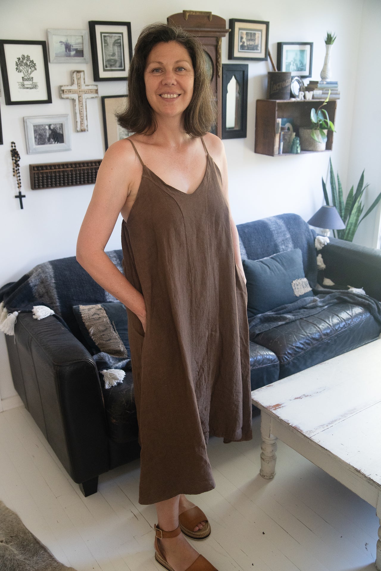 Linen Slip Dress Midi Made in Italy Brown