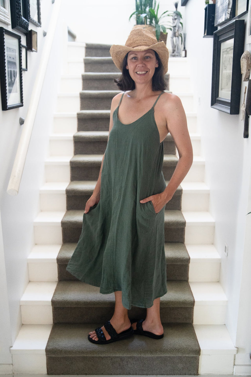Linen Slip Dress Midi Made in Italy Khaki