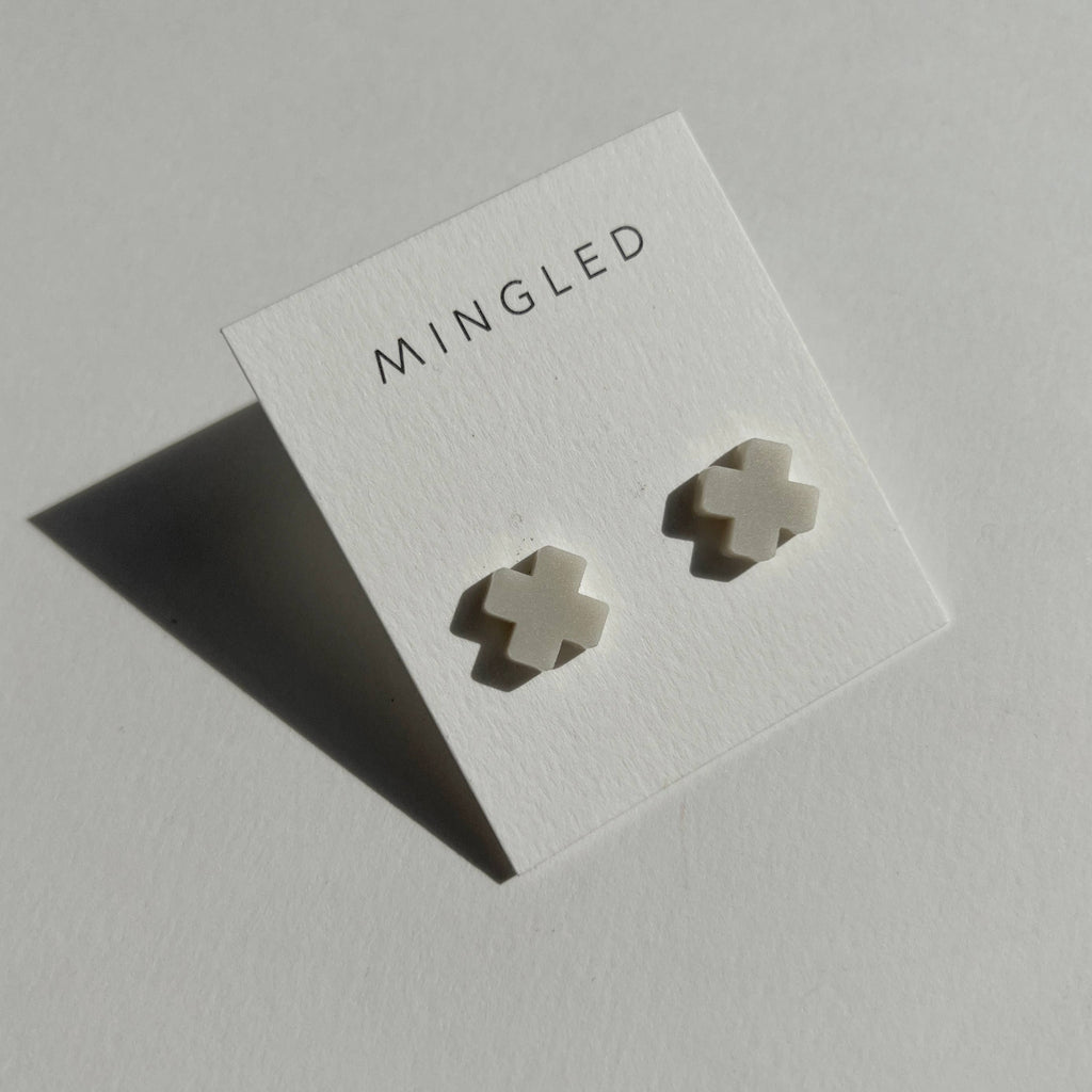 Mingled Beige Cross Stud Earrings - Small Cross Earrings, Minimalist