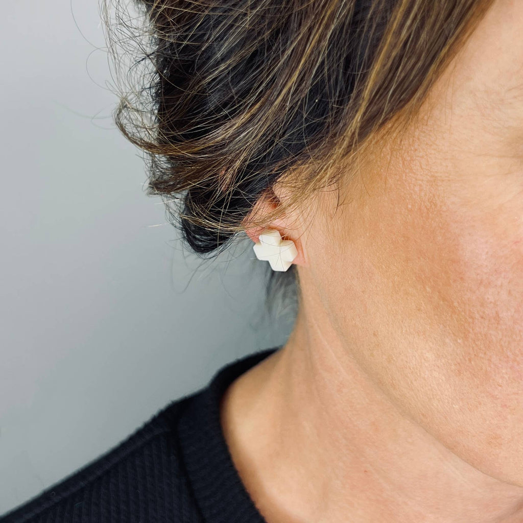 Mingled Beige Cross Stud Earrings - Small Cross Earrings, Minimalist