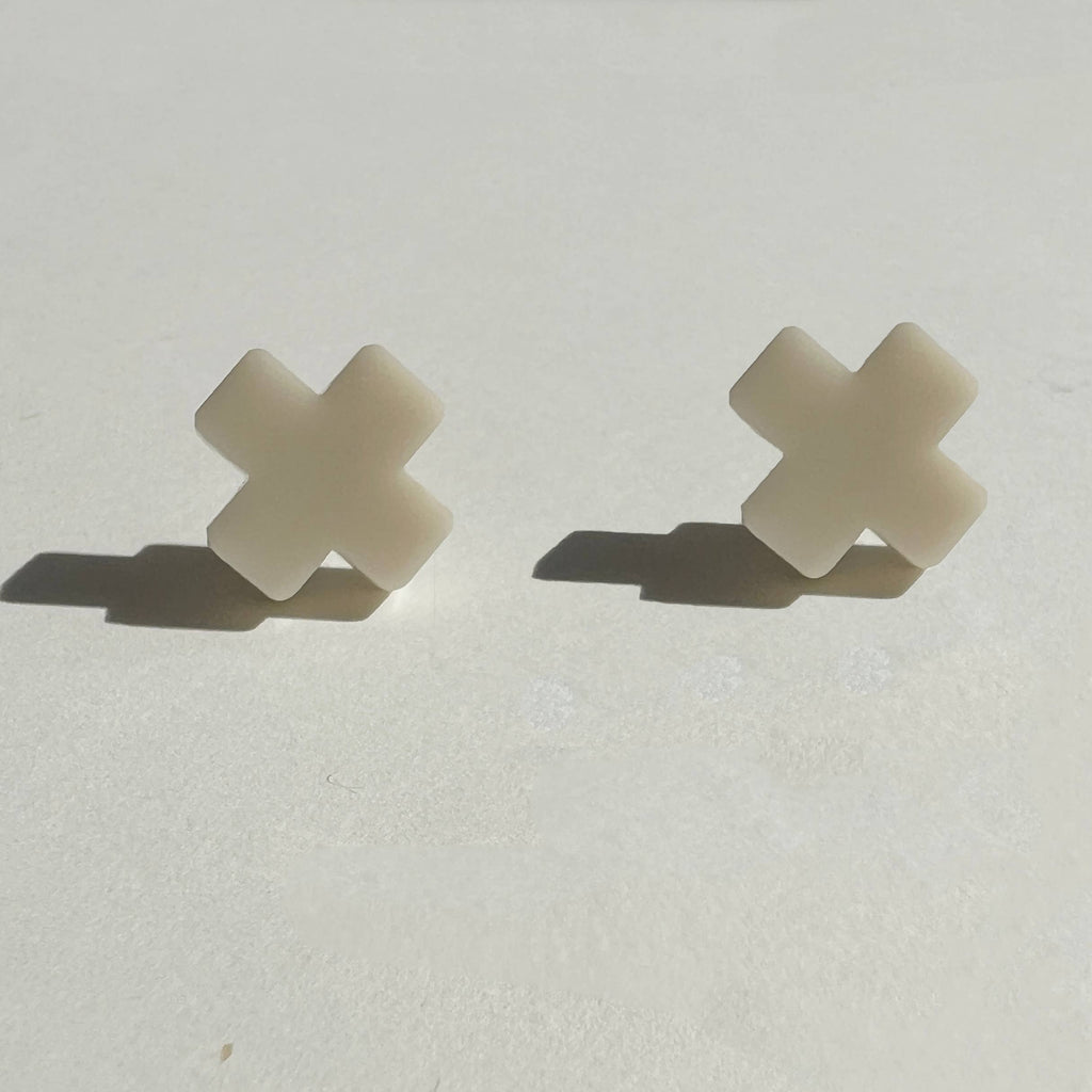 Mingled Beige Cross Stud Earrings - Small Cross Earrings, Minimalist