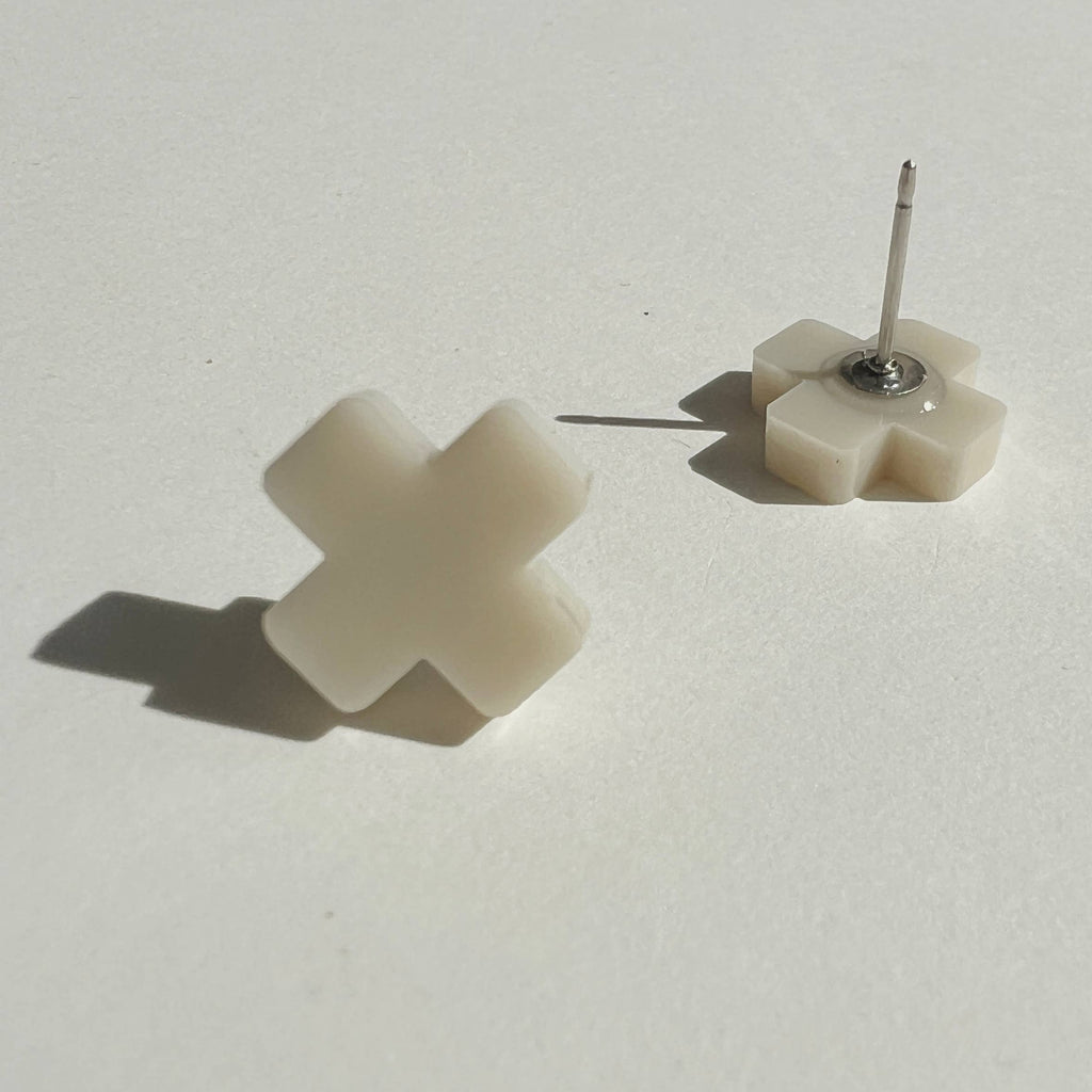 Mingled Beige Cross Stud Earrings - Small Cross Earrings, Minimalist