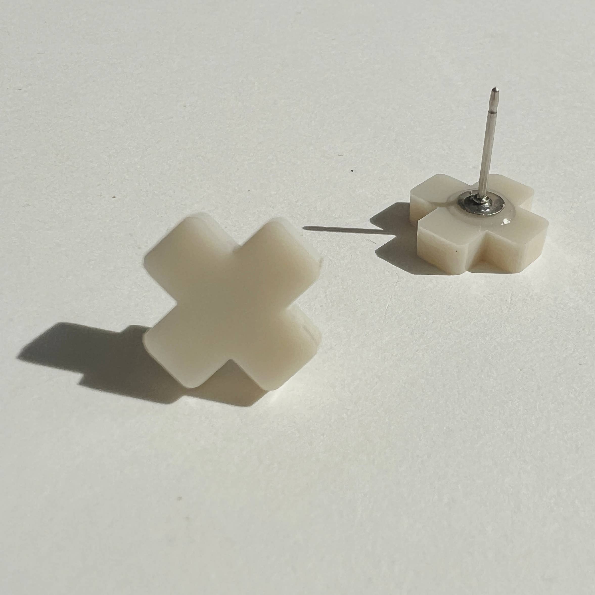 Mingled Beige Cross Stud Earrings - Small Cross Earrings, Minimalist