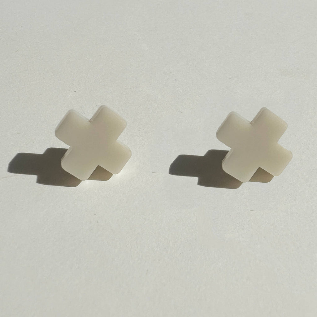 Mingled Beige Cross Stud Earrings - Small Cross Earrings, Minimalist