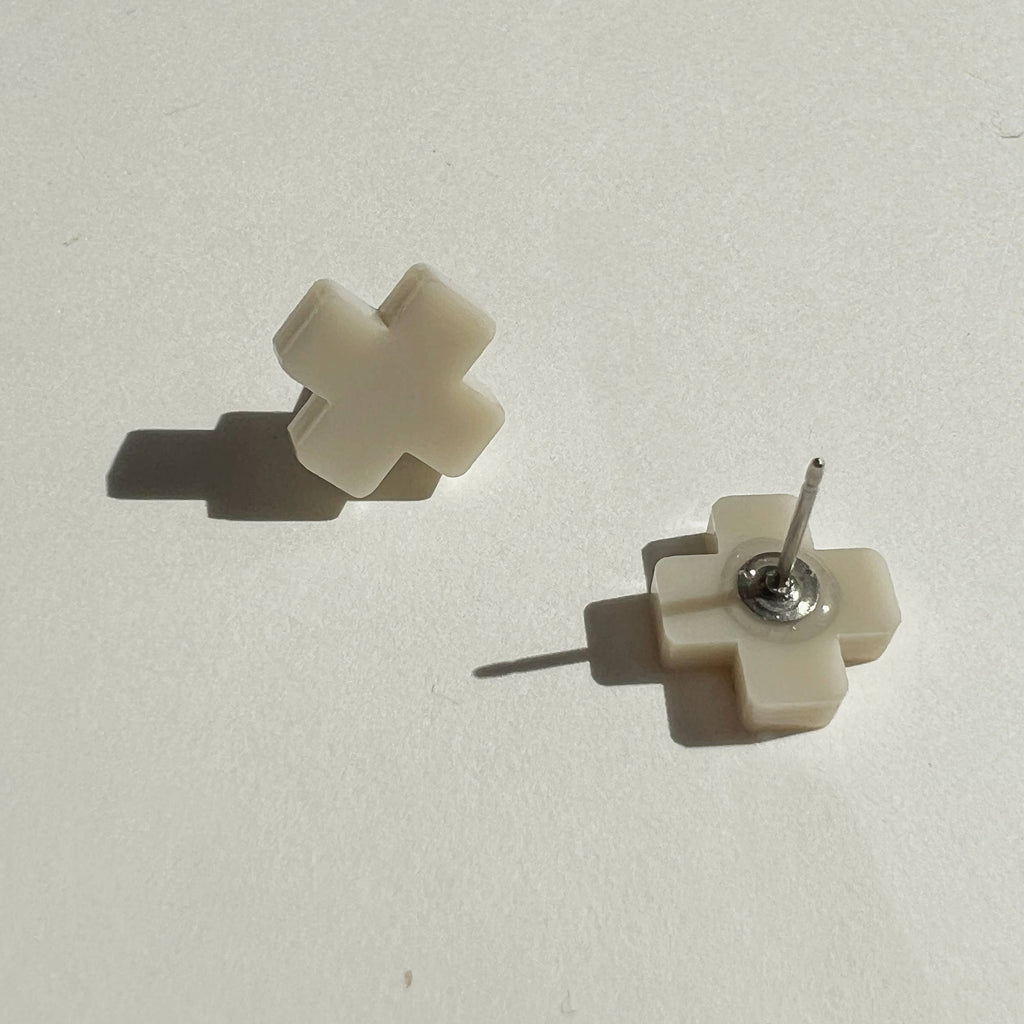 Mingled Beige Cross Stud Earrings - Small Cross Earrings, Minimalist