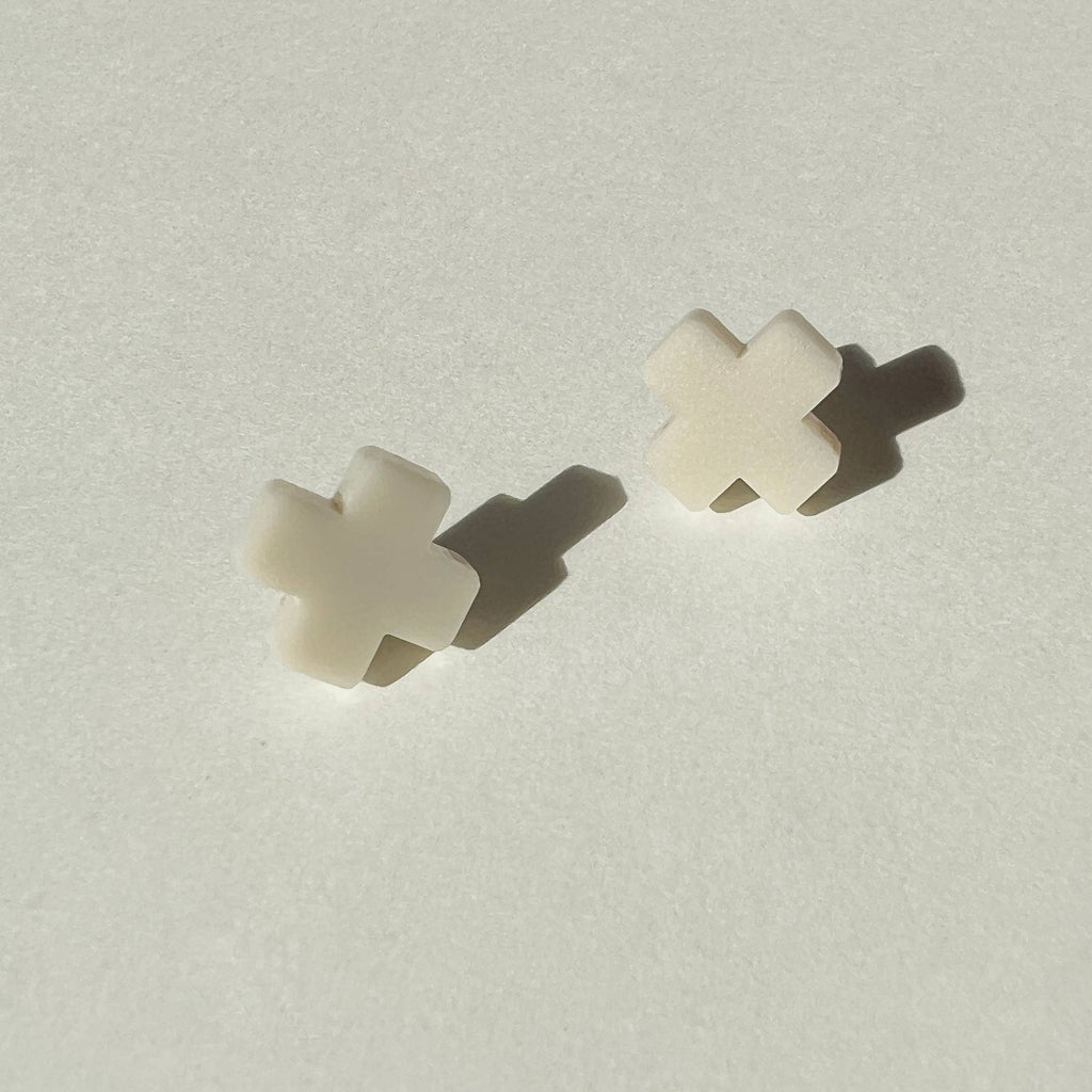 Mingled Beige Cross Stud Earrings - Small Cross Earrings, Minimalist